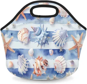 Neoprene Lunch Bag for Women, Insulated Lunch Bag Tote Reusable Waterproof Cooler Coastal Summer Nautical Shells Lunchbox Handbag Gift for Shopping Gourmet Tote with Zipper Work Picnic