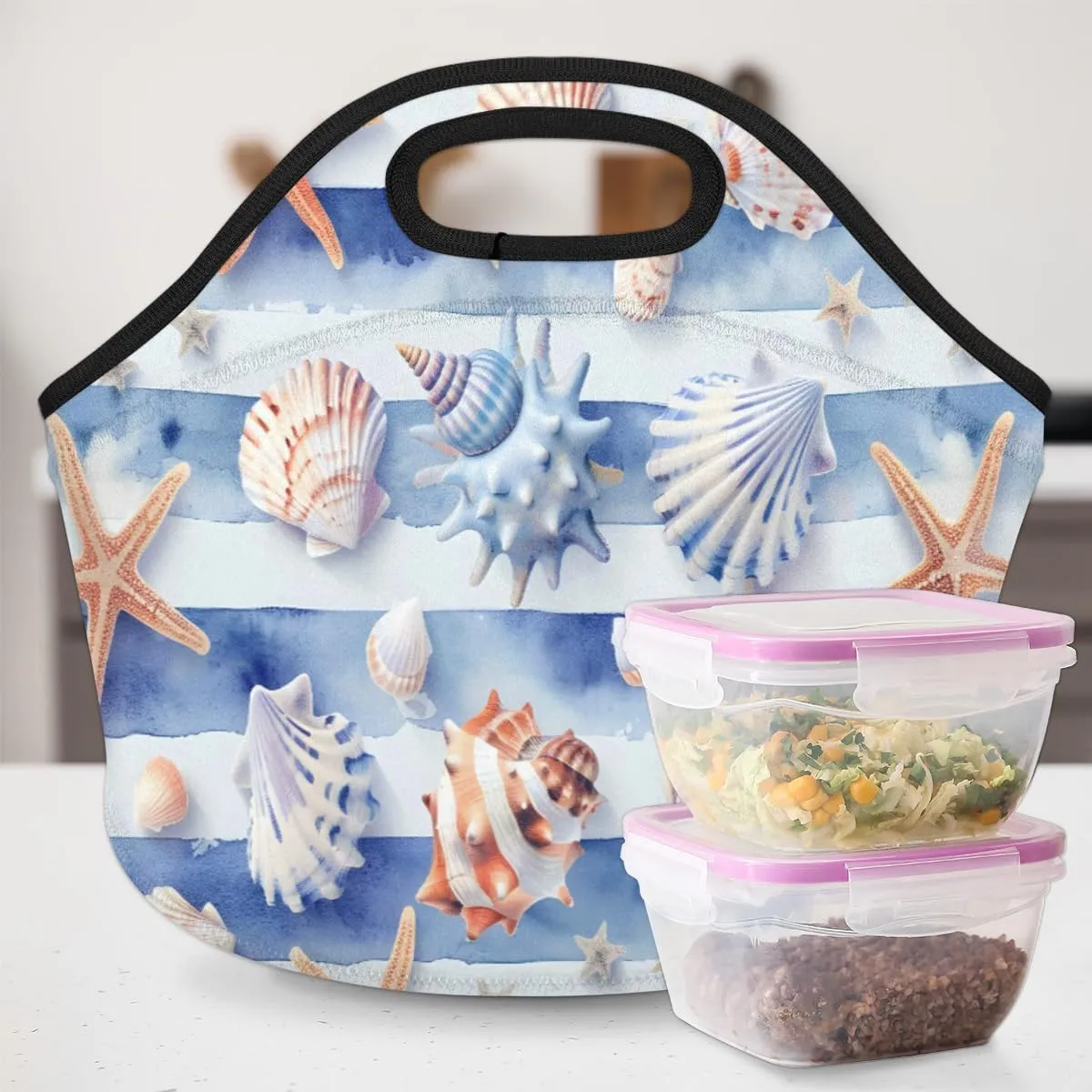 Neoprene Lunch Bag for Women, Insulated Lunch Bag Tote Reusable Waterproof Cooler Coastal Summer Nautical Shells Lunchbox Handbag Gift for Shopping Gourmet Tote with Zipper Work Picnic