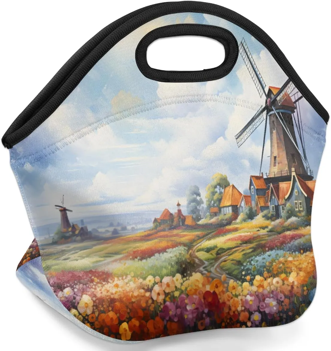 Neoprene Lunch Bag, Windmill Lunch Tote Bags for Women, Insulated Reusable Tote Picnic Bags for Beach Camping, Garden