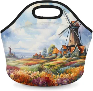 Neoprene Lunch Bag, Windmill Lunch Tote Bags for Women, Insulated Reusable Tote Picnic Bags for Beach Camping, Garden