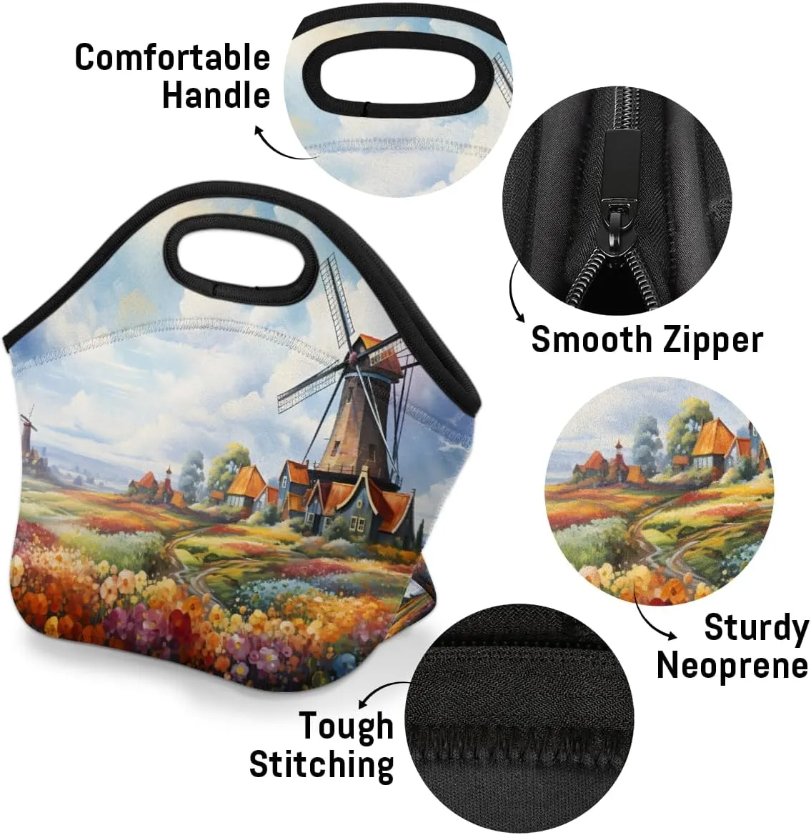 Neoprene Lunch Bag, Windmill Lunch Tote Bags for Women, Insulated Reusable Tote Picnic Bags for Beach Camping, Garden