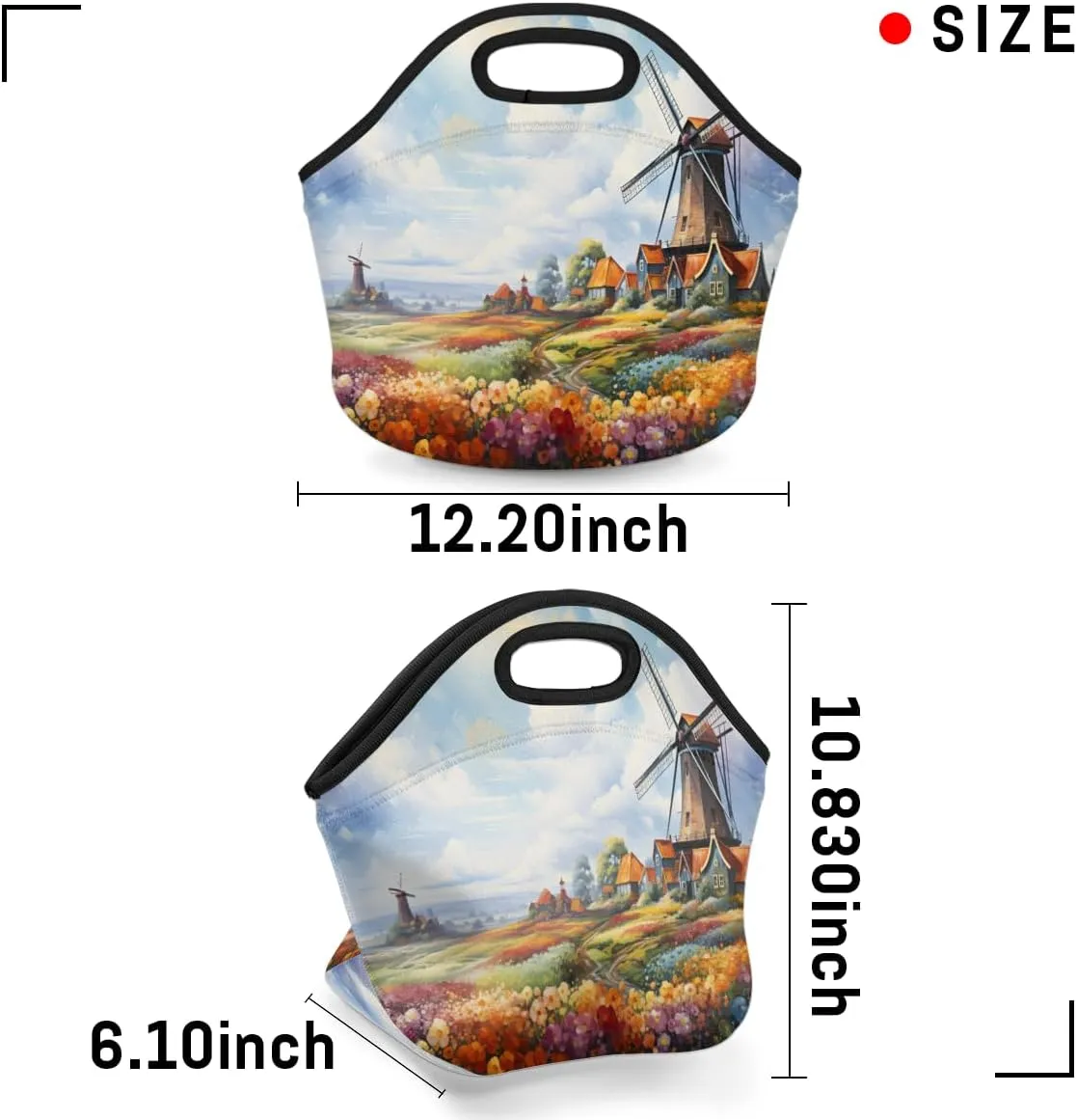 Neoprene Lunch Bag, Windmill Lunch Tote Bags for Women, Insulated Reusable Tote Picnic Bags for Beach Camping, Garden