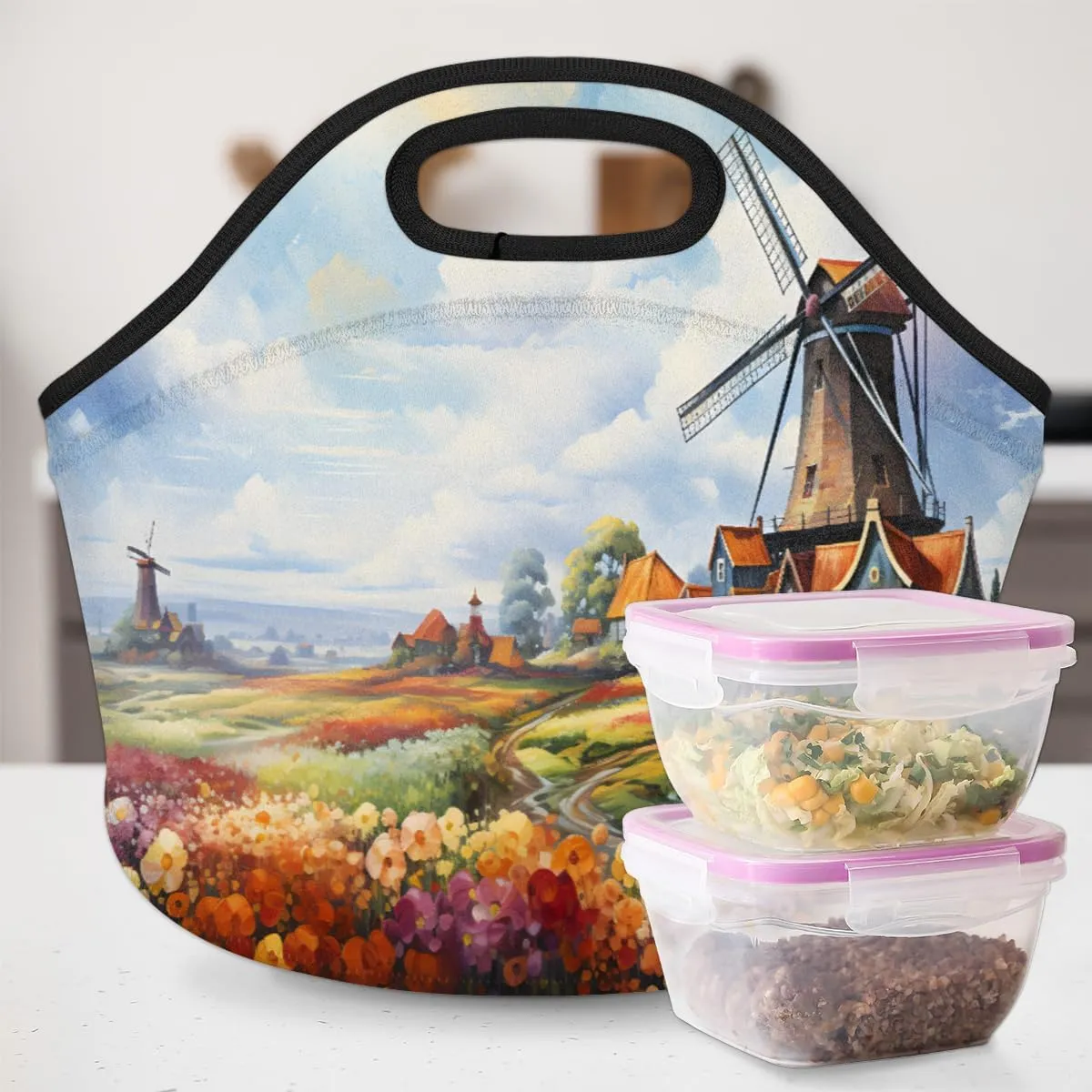 Neoprene Lunch Bag, Windmill Lunch Tote Bags for Women, Insulated Reusable Tote Picnic Bags for Beach Camping, Garden