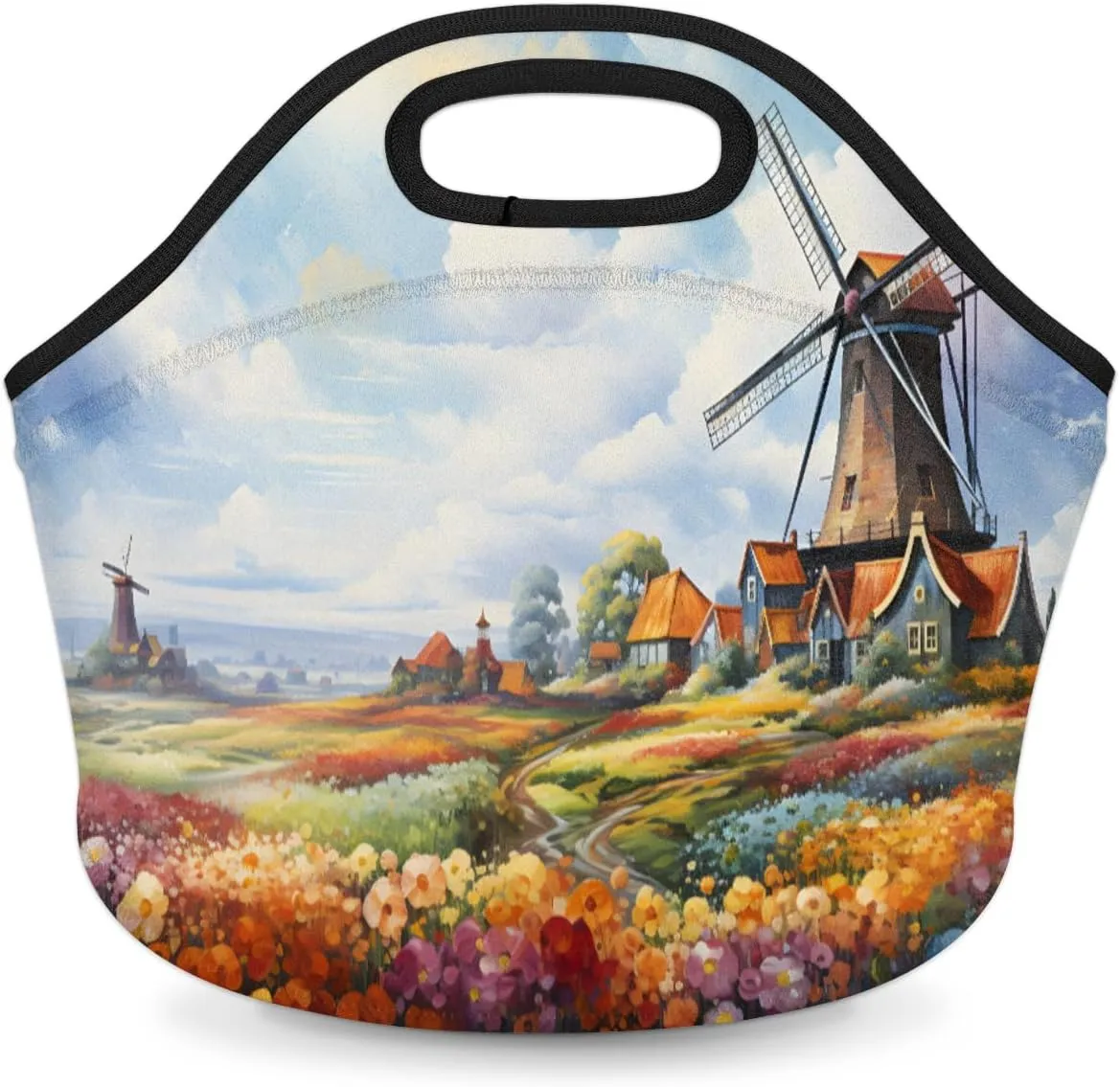 Neoprene Lunch Bag, Windmill Lunch Tote Bags for Women, Insulated Reusable Tote Picnic Bags for Beach Camping, Garden