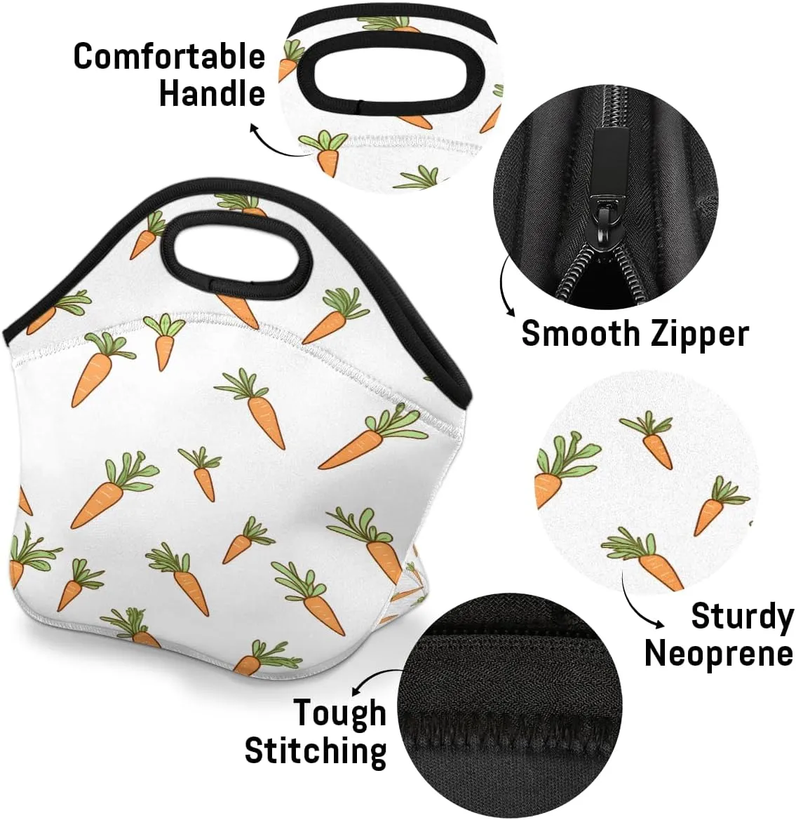 Neoprene Lunch Bag with Zipper for Women, Carrot Roots Reusable Insulated Lunch Tote Bag for Work Picnic, Easter Waterproof Cooler Lunchbox Food Handbag Tote