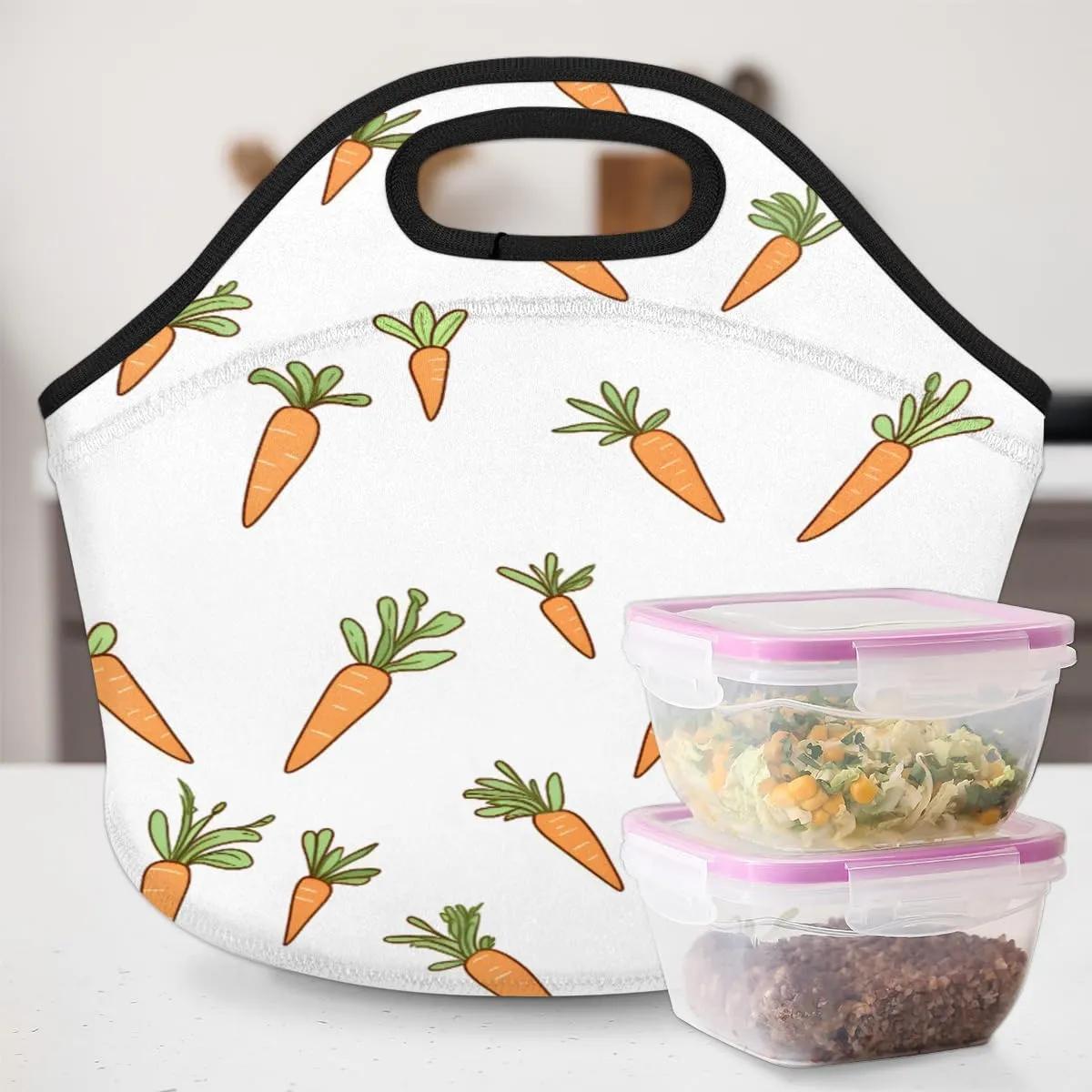 Neoprene Lunch Bag with Zipper for Women, Carrot Roots Reusable Insulated Lunch Tote Bag for Work Picnic, Easter Waterproof Cooler Lunchbox Food Handbag Tote