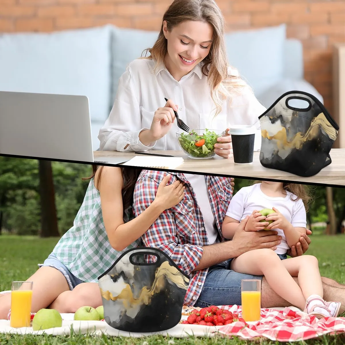 Neoprene Lunch Bag with Zipper for Women, Marble Cracks Reusable Insulated Lunch Tote Bag for Work Picnic, Marble Texture Waterproof Cooler Lunchbox Food Handbag Tote