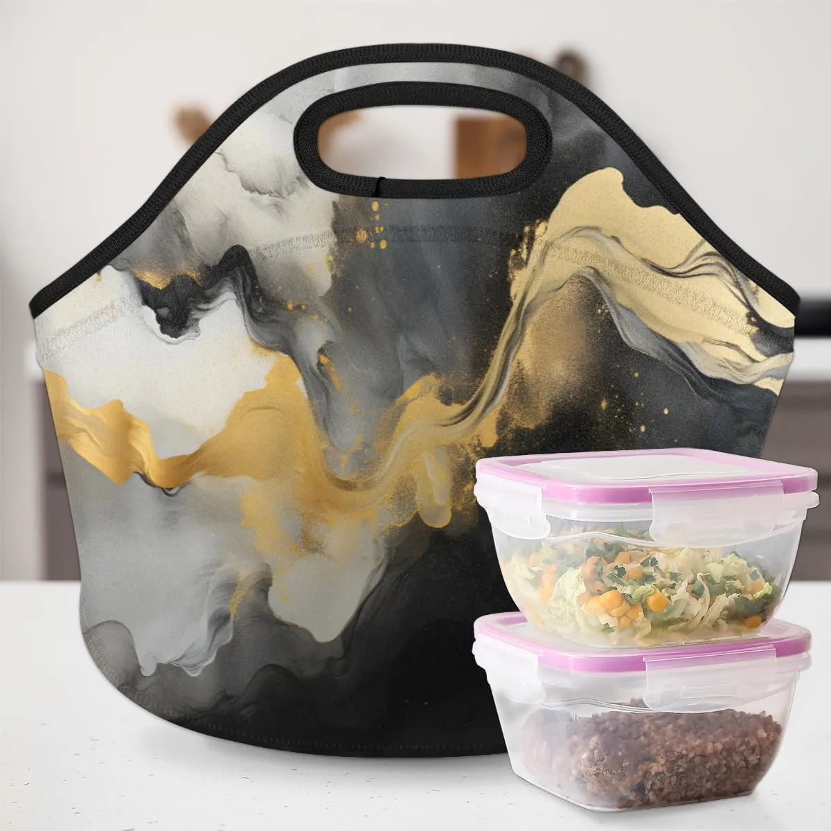 Neoprene Lunch Bag with Zipper for Women, Marble Cracks Reusable Insulated Lunch Tote Bag for Work Picnic, Marble Texture Waterproof Cooler Lunchbox Food Handbag Tote