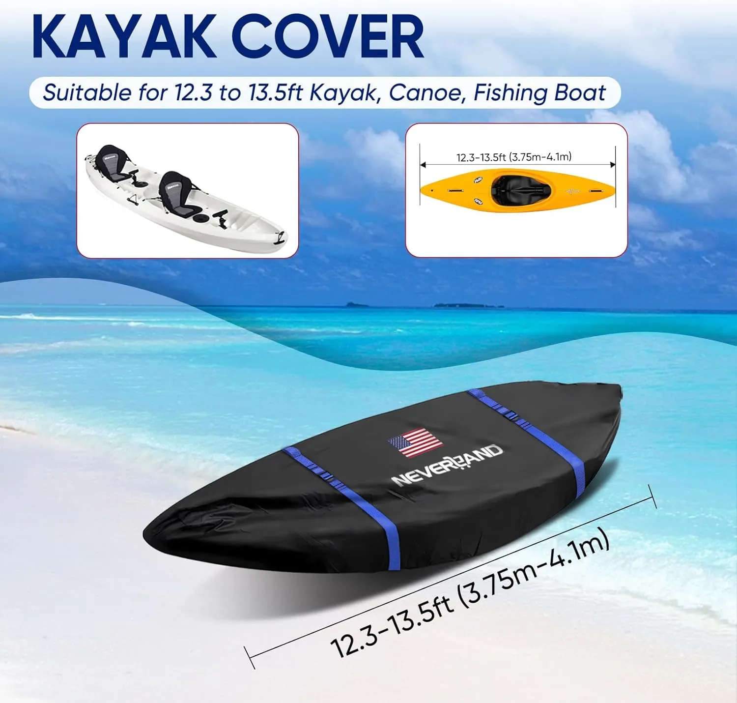 NEVERLAND Kayak Cover 12.3 to 13.5 Feet Waterproof Heavy Duty Kayak Covers for Outdoor and Indoor Storage Kayak UV and Dust Resistant Protection Black