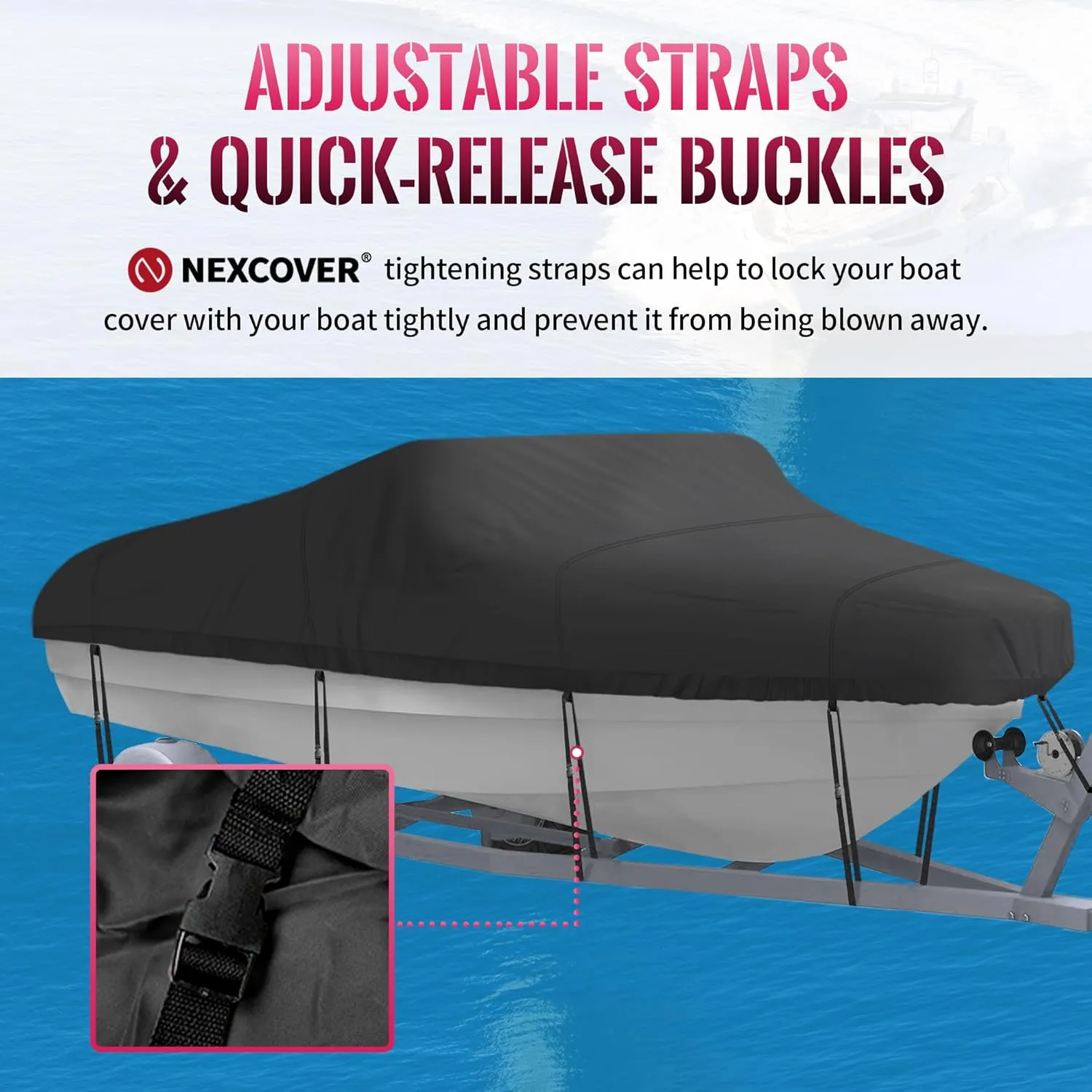 NEXCOVER Trailerable Boat Cover, Length: 14'-16' Beam Width: up to 90", Waterproof Heavy Duty Cover, Fits V-Hull, TRI-Hull, Runabout, Pro-Style, Bass Boat, Storage Bag & Tightening Straps Included.