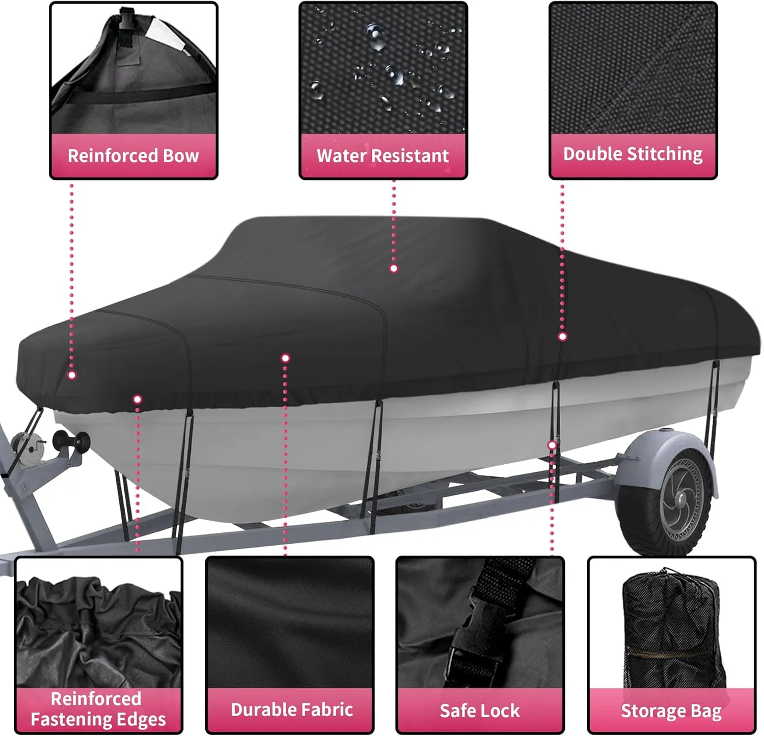 NEXCOVER Trailerable Boat Cover, Length: 14'-16' Beam Width: up to 90", Waterproof Heavy Duty Cover, Fits V-Hull, TRI-Hull, Runabout, Pro-Style, Bass Boat, Storage Bag & Tightening Straps Included.