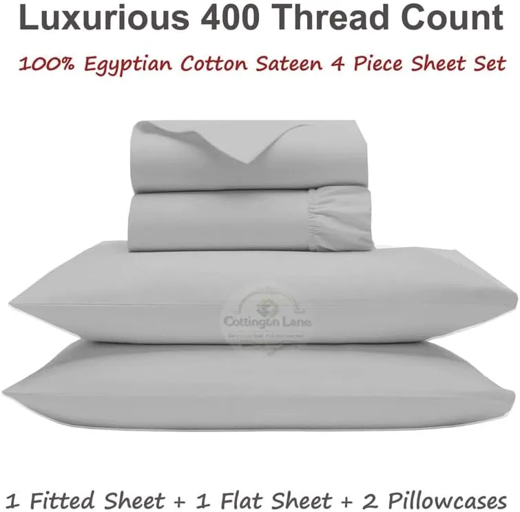 Olympic Queen Cotton Bed Sheets Set - 400 Thread Count - 4 Piece Set - Fits Mattress Up To 12 Inch Deep Pocket - 66 x 80 Size - Light Grey Solid Olympic Queen Size Sheets