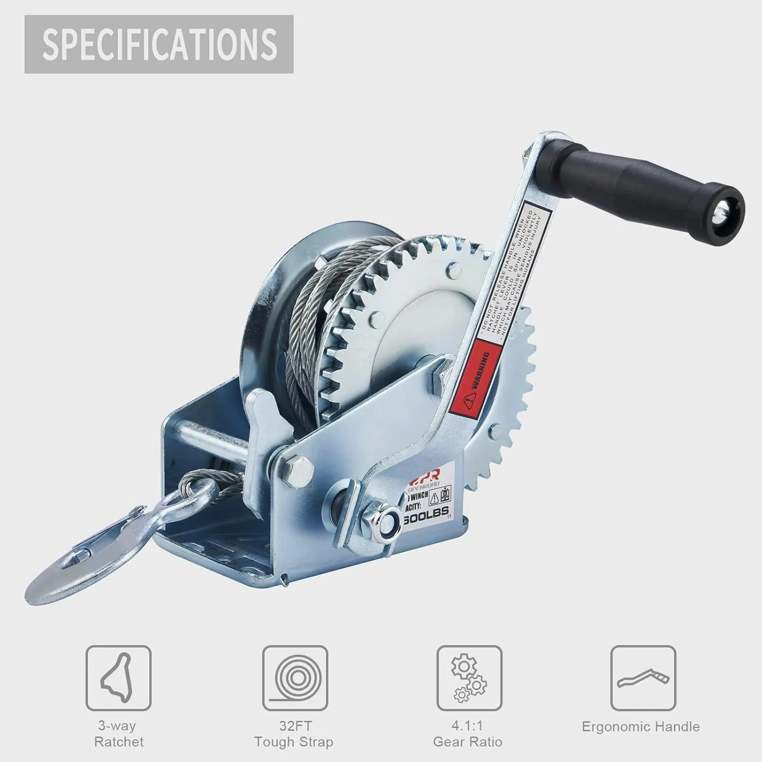 OPENROAD 1600lbs Hand Winch Boat Winch, Hand Crank Winch with 10m (32ft) Cable Manual Winches, Two-Way Adjustable Boat Trailer Winch, Corrosion Resistant Towing Winches (1600lbs)