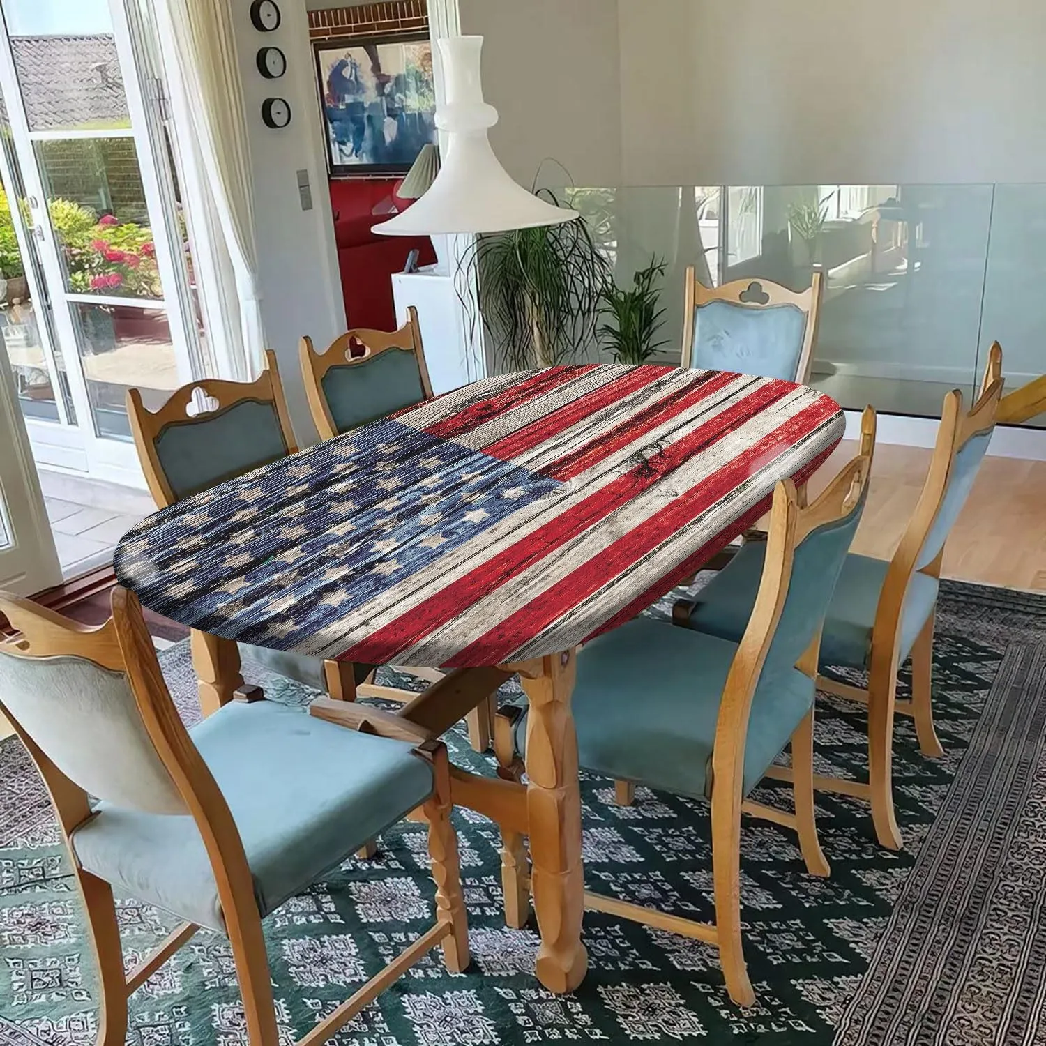 Oval USA Flag Tablecloth, Old Painted American Flag on Dark Wooden Fence Stain Resistant Table Cloths, Elastic Fitted Table Covers for Dining Outdoor Camping Patio, Fits Tables up to 48" W x 68" L