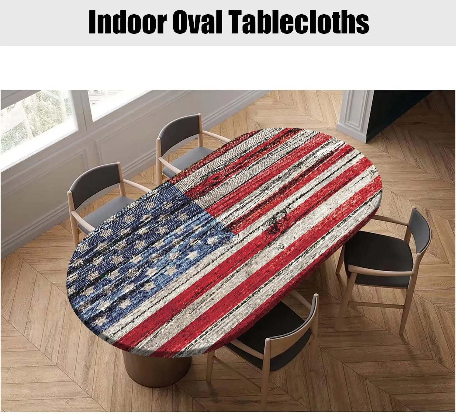 Oval USA Flag Tablecloth, Old Painted American Flag on Dark Wooden Fence Stain Resistant Table Cloths, Elastic Fitted Table Covers for Dining Outdoor Camping Patio, Fits Tables up to 48" W x 68" L