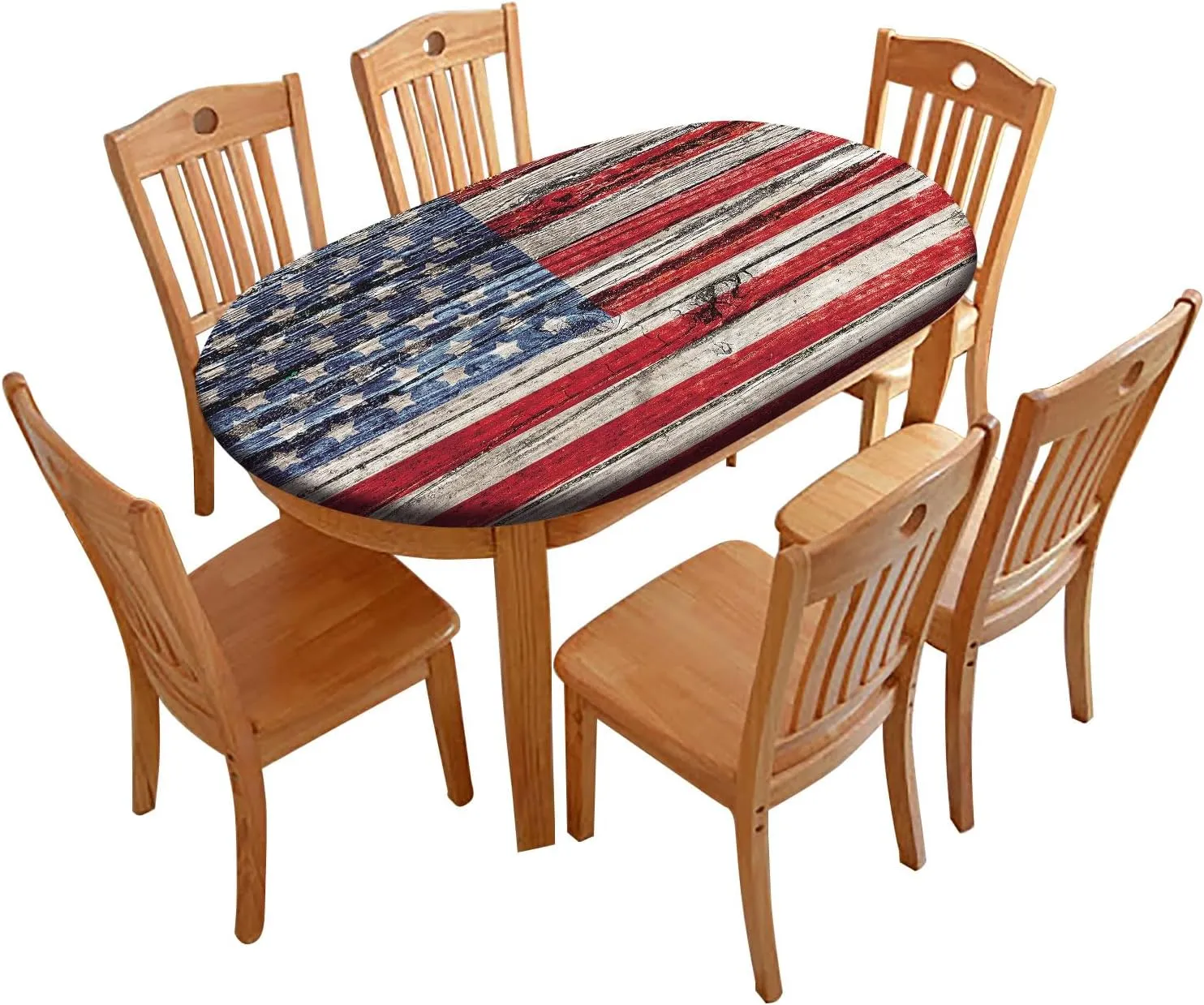 Oval USA Flag Tablecloth, Old Painted American Flag on Dark Wooden Fence Stain Resistant Table Cloths, Elastic Fitted Table Covers for Dining Outdoor Camping Patio, Fits Tables up to 48" W x 68" L