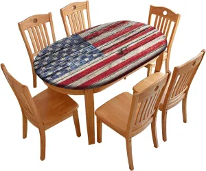 Oval USA Flag Tablecloth, Old Painted American Flag on Dark Wooden Fence Stain Resistant Table Cloths, Elastic Fitted Table Covers for Dining Outdoor Camping Patio, Fits Tables up to 48" W x 68" L