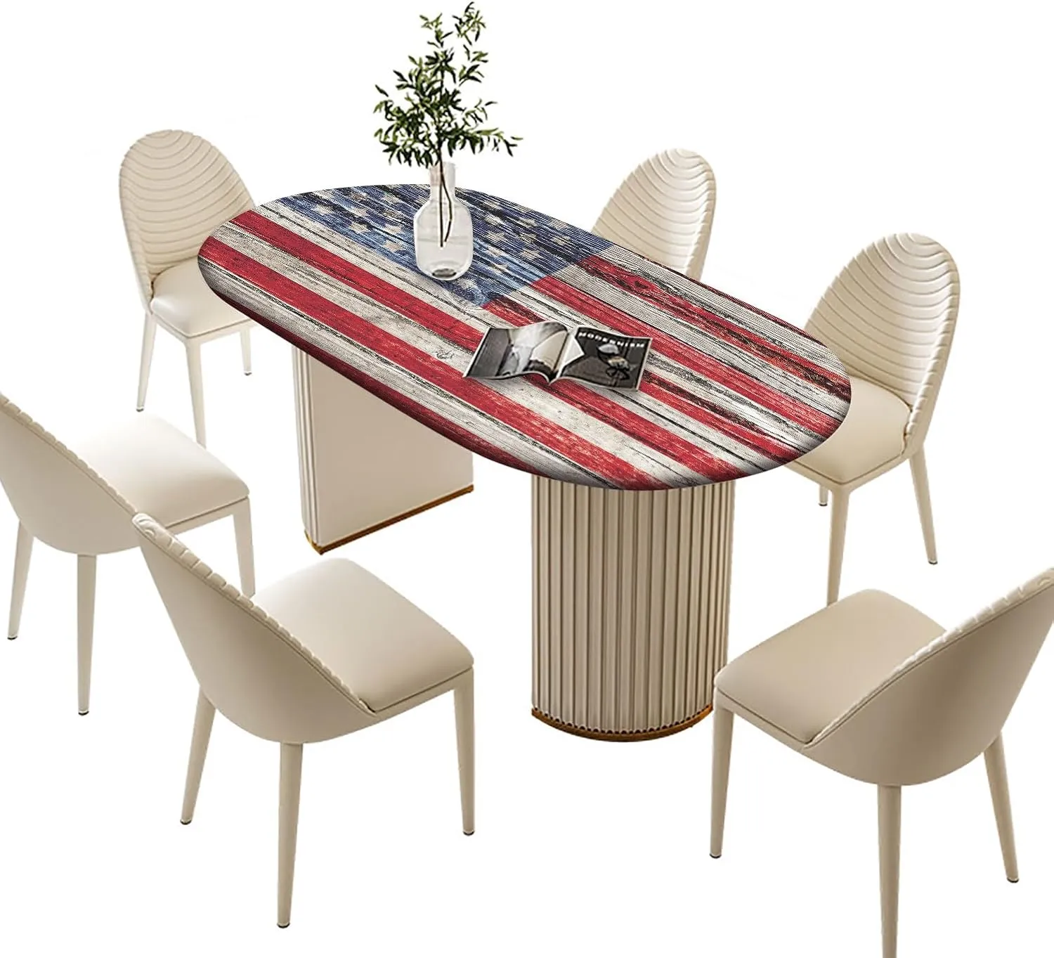 Oval USA Flag Tablecloth, Old Painted American Flag on Dark Wooden Fence Stain Resistant Table Cloths, Elastic Fitted Table Covers for Dining Outdoor Camping Patio, Fits Tables up to 48" W x 68" L