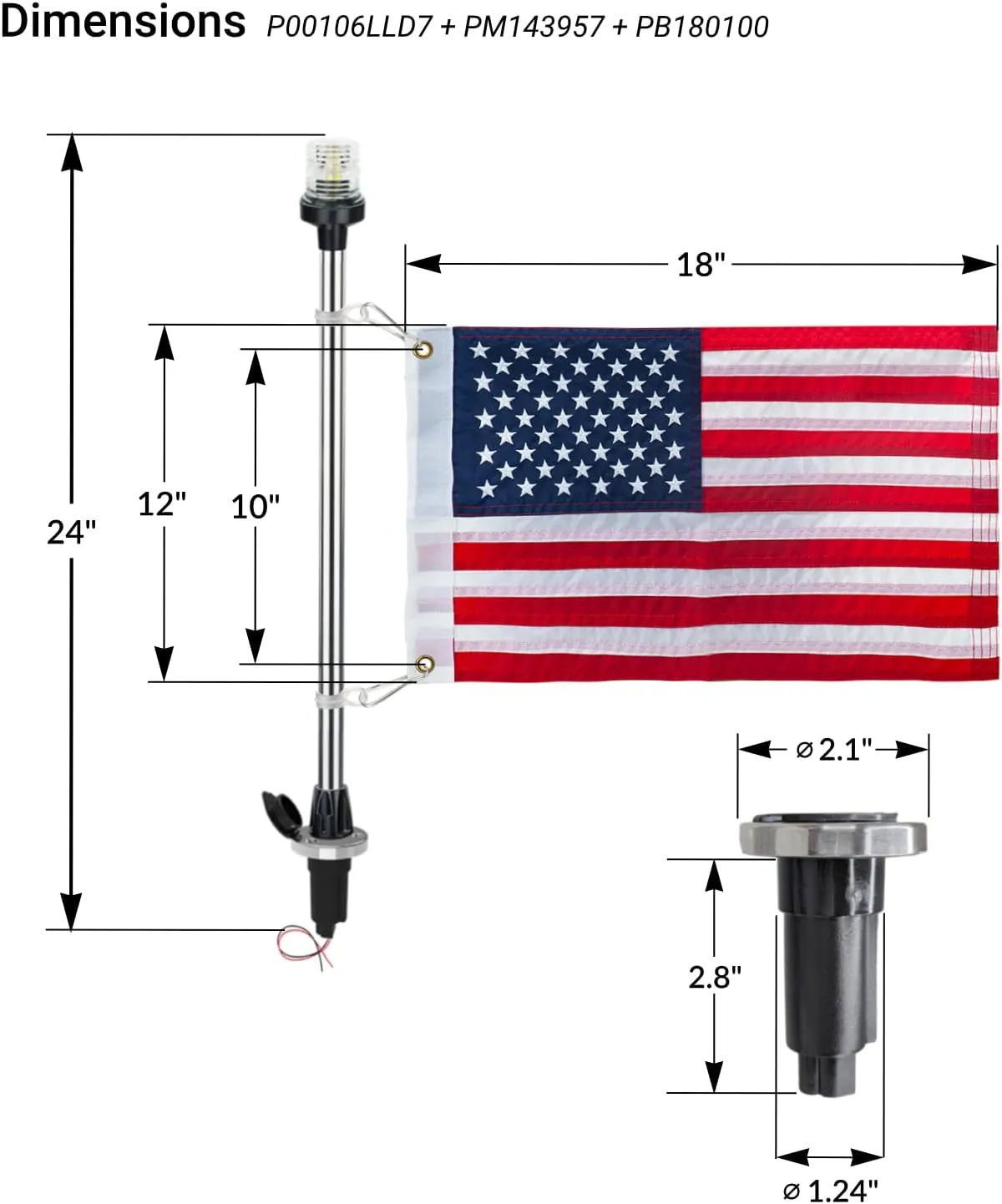Pactrade Marine Navigation Lights for Boats LED - 24-Inch White LED Stern Light/LED Anchor Light with Removable Flat-Top Base and American Flag 12x18 Inches (250 LM, 3 NM) | Boat Navigation Lights