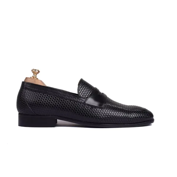 Penny Weaved Navy Blue Hand Colored Leather Loafer