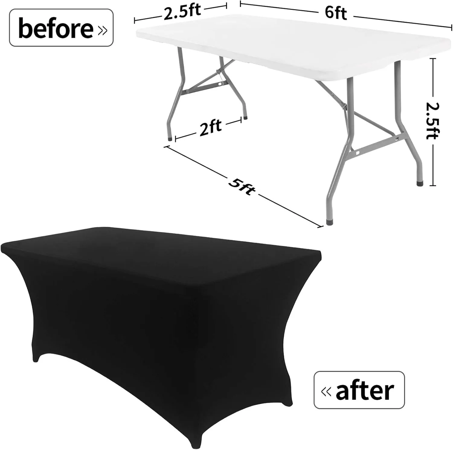 Peomeise 2PCS 6FT Spandex Table Cover Rectangular Stretch Spandex Tablecloth (Black,6FT)