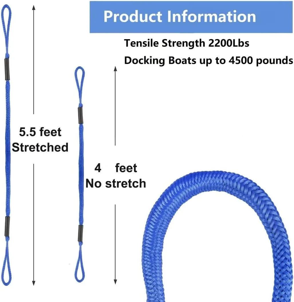 Perixir Bungee Dock Lines (2 Packs), 4ft (Stretch to 5.5ft), Blue, Polyethylene, 2200 lbs Tensile Strength, Compatible with Boat, PWC, Jet Ski, Pontoon, Kayak, Canoe, Power Boat