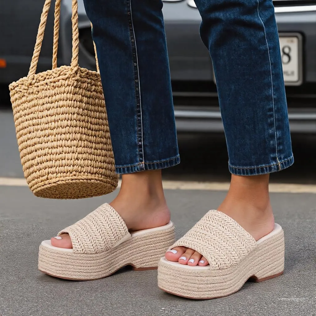 Platform Slip on Espadrille Sandals for Women Wedges Slides Bohemia Sandals Flatform Open Toe Beach Sandals