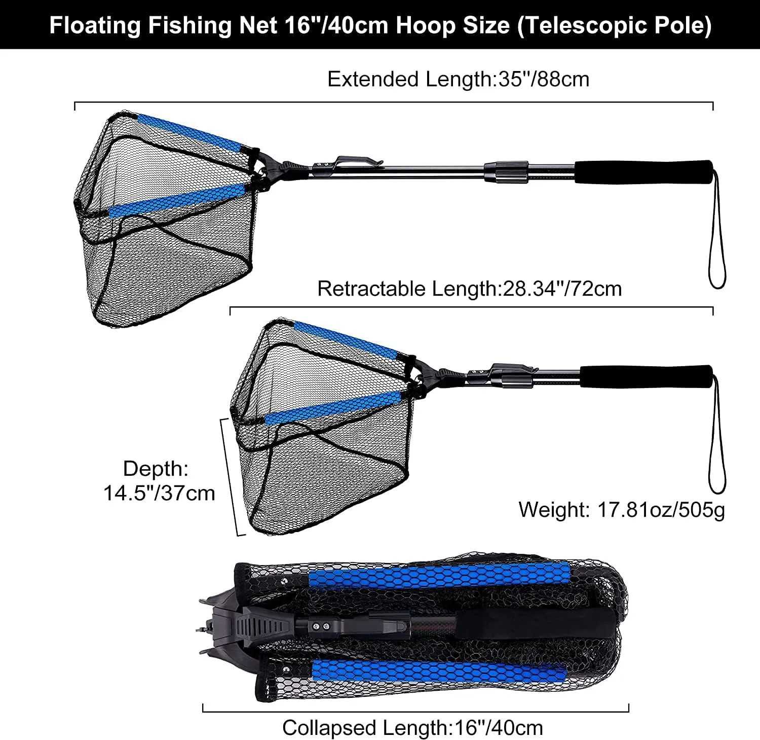 PLUSINNO Fishing Net Fish Landing Net, Foldable Collapsible Telescopic Pole Handle, Durable Nylon Material Mesh, Safe Fish Catching or Releasing