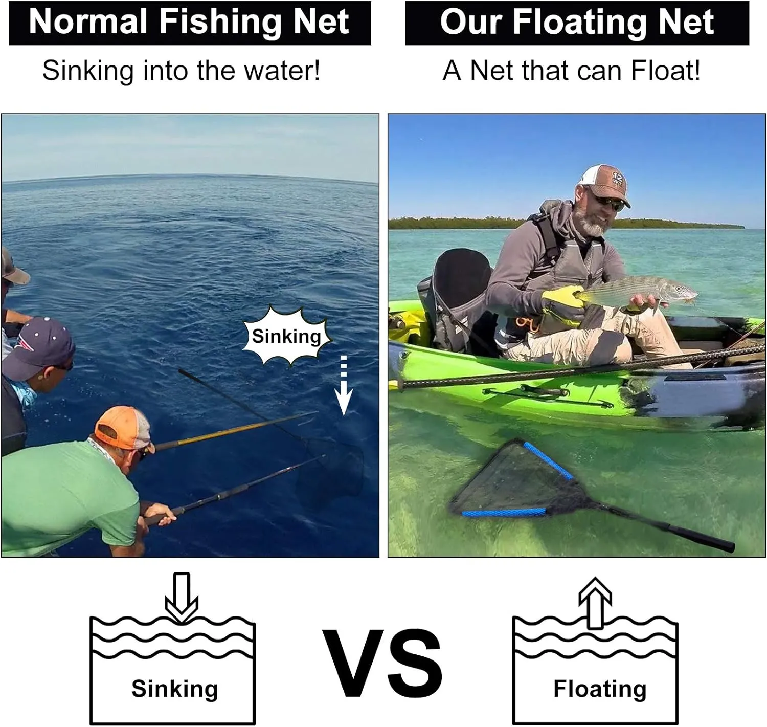 PLUSINNO Fishing Net Fish Landing Net, Foldable Collapsible Telescopic Pole Handle, Durable Nylon Material Mesh, Safe Fish Catching or Releasing