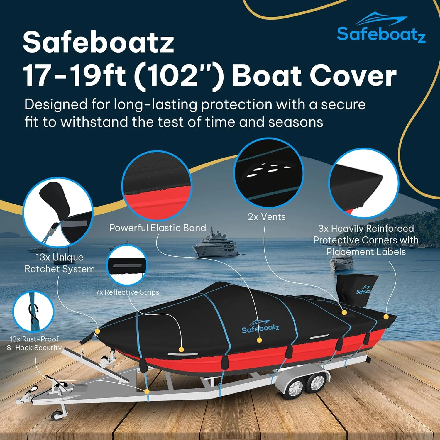 Premium Boat Cover 17-19 ft | Marine-Grade 900D Polyester | 13-Point Strap System | Rust-Proof S-Hooks | UV & Waterproof Protection | Fits V-Hull, Pontoon, Bass | 2-Year Warranty