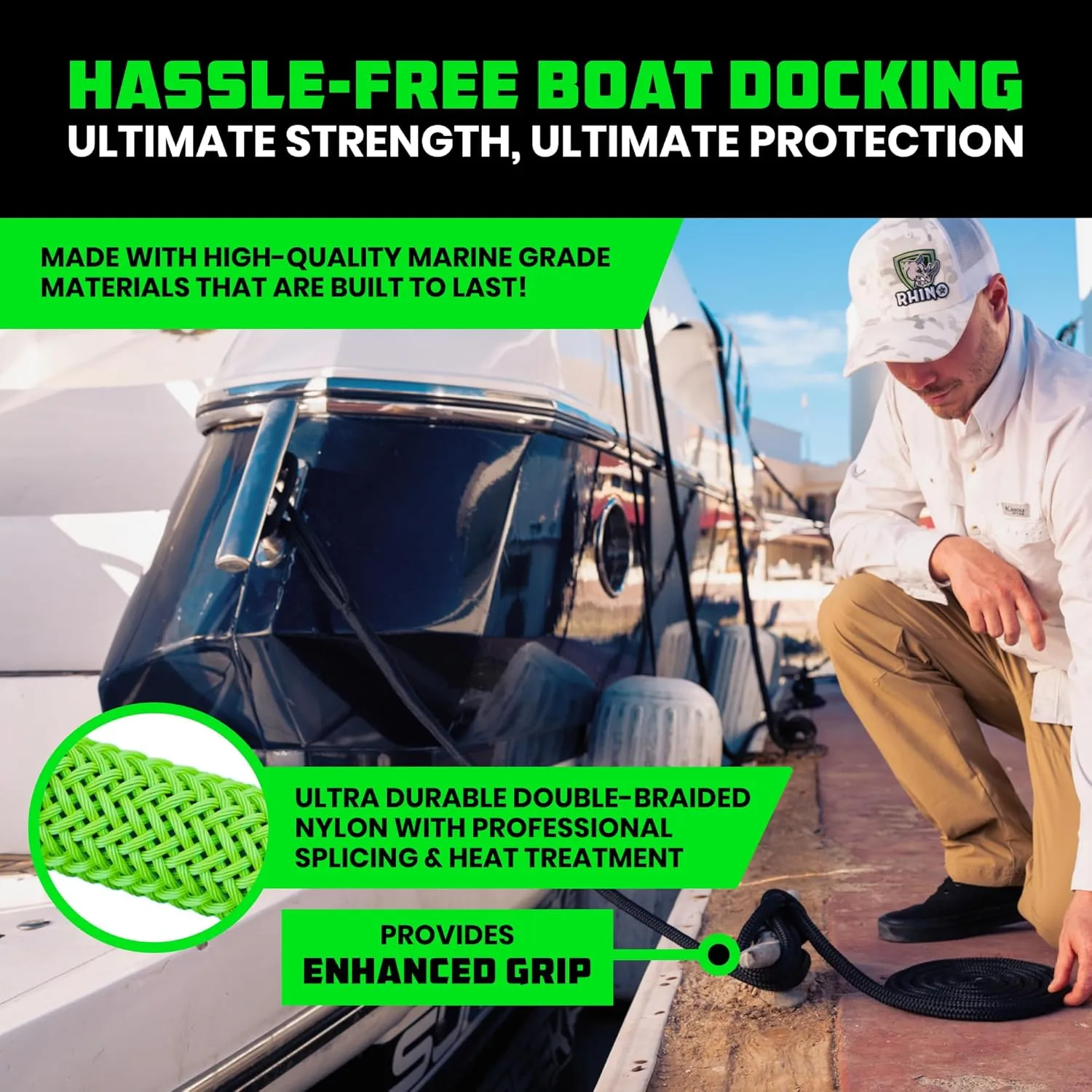 Rhino USA 1/2" x 16' Dock Lines - Heavy Duty Marine Grade Rope for Boats, Kayaks, Pontoons, Fishing and More! Ultimate Boating Accessory - Black