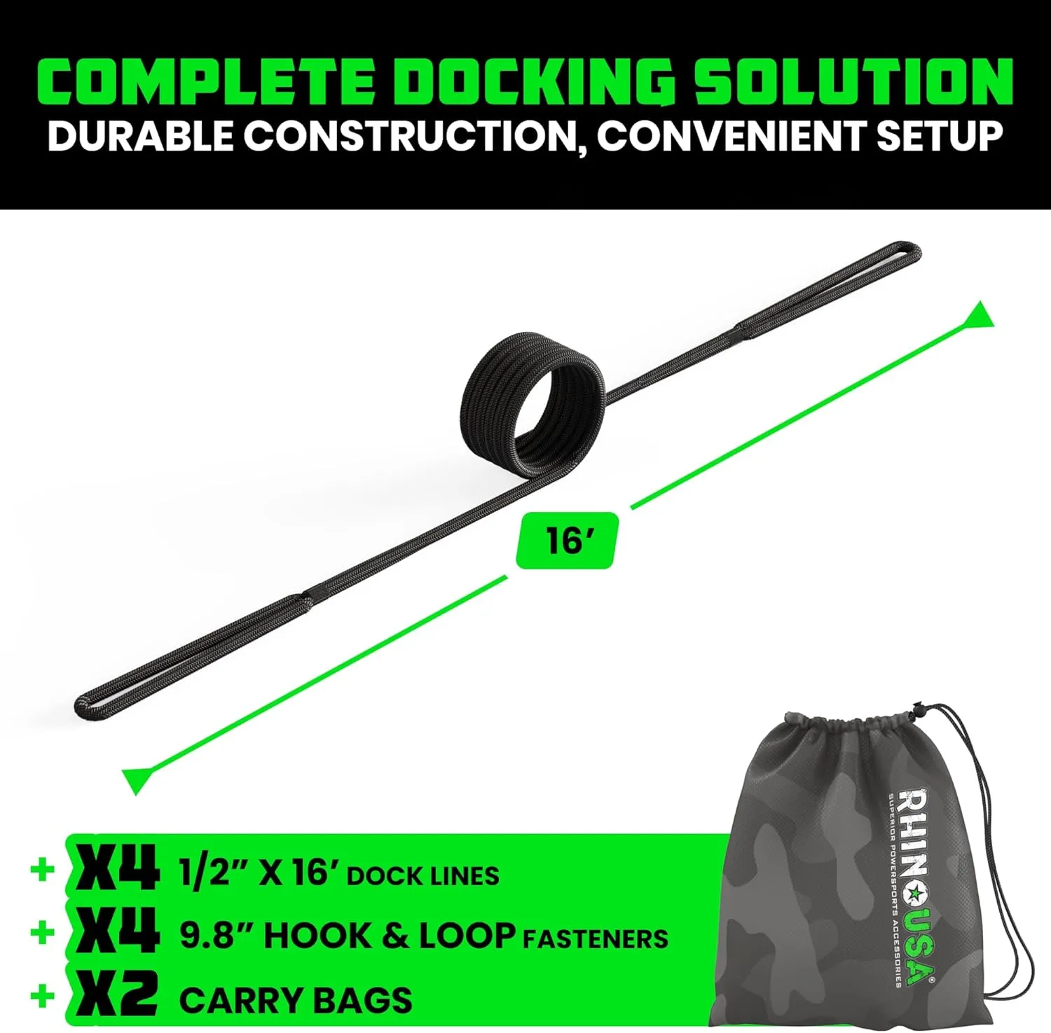 Rhino USA 1/2" x 16' Dock Lines - Heavy Duty Marine Grade Rope for Boats, Kayaks, Pontoons, Fishing and More! Ultimate Boating Accessory - Black