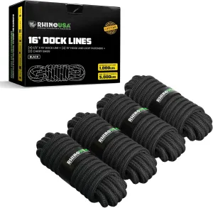 Rhino USA 1/2" x 16' Dock Lines - Heavy Duty Marine Grade Rope for Boats, Kayaks, Pontoons, Fishing and More! Ultimate Boating Accessory - Black