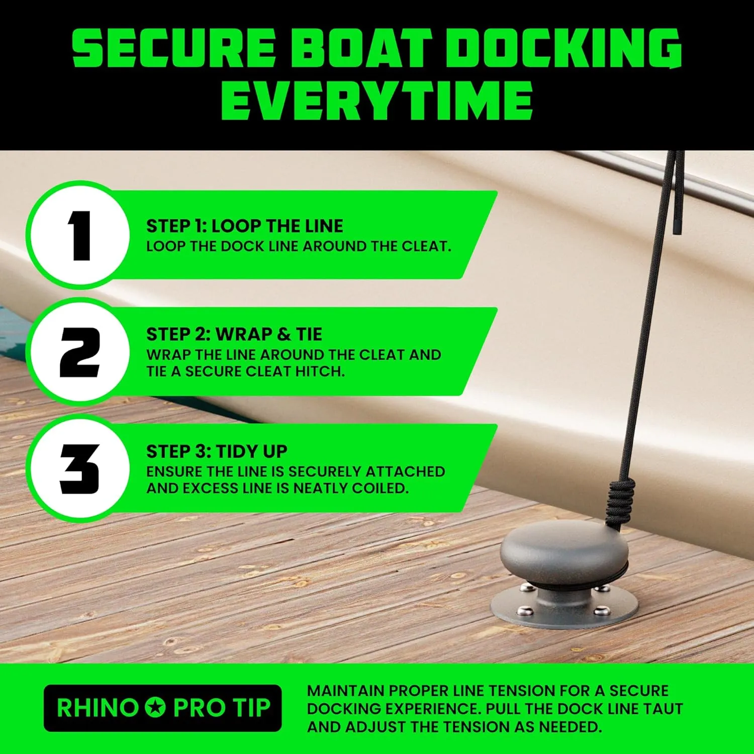 Rhino USA 1/2" x 16' Dock Lines - Heavy Duty Marine Grade Rope for Boats, Kayaks, Pontoons, Fishing and More! Ultimate Boating Accessory - Black