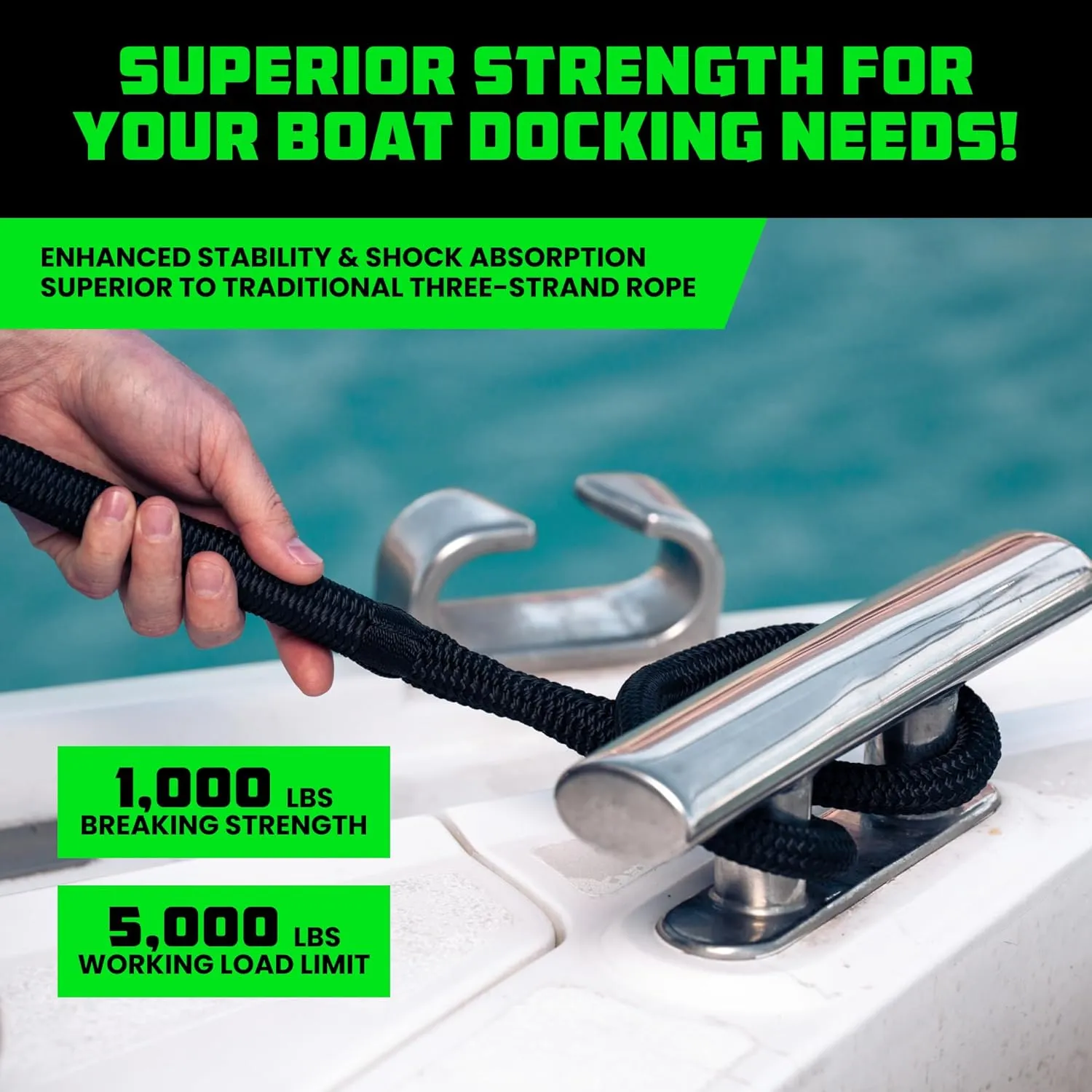 Rhino USA 1/2" x 16' Dock Lines - Heavy Duty Marine Grade Rope for Boats, Kayaks, Pontoons, Fishing and More! Ultimate Boating Accessory - Black