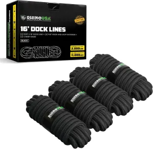 Rhino USA 5/8" x 16' Dock Lines - Heavy Duty Marine Grade Rope for Boats, Kayaks, Pontoons, Fishing and More! Ultimate Boating Accessory - Black