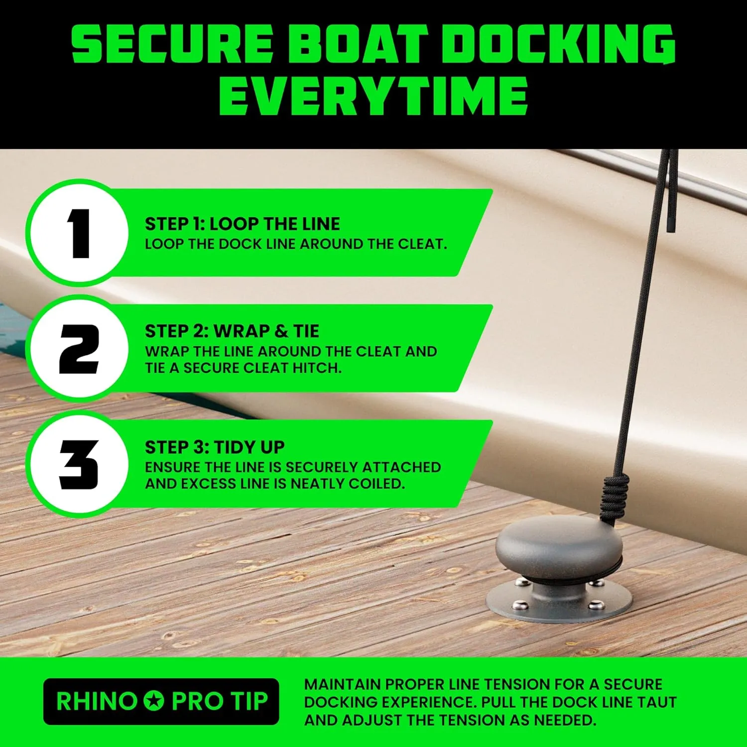 Rhino USA 5/8" x 16' Dock Lines - Heavy Duty Marine Grade Rope for Boats, Kayaks, Pontoons, Fishing and More! Ultimate Boating Accessory - Black