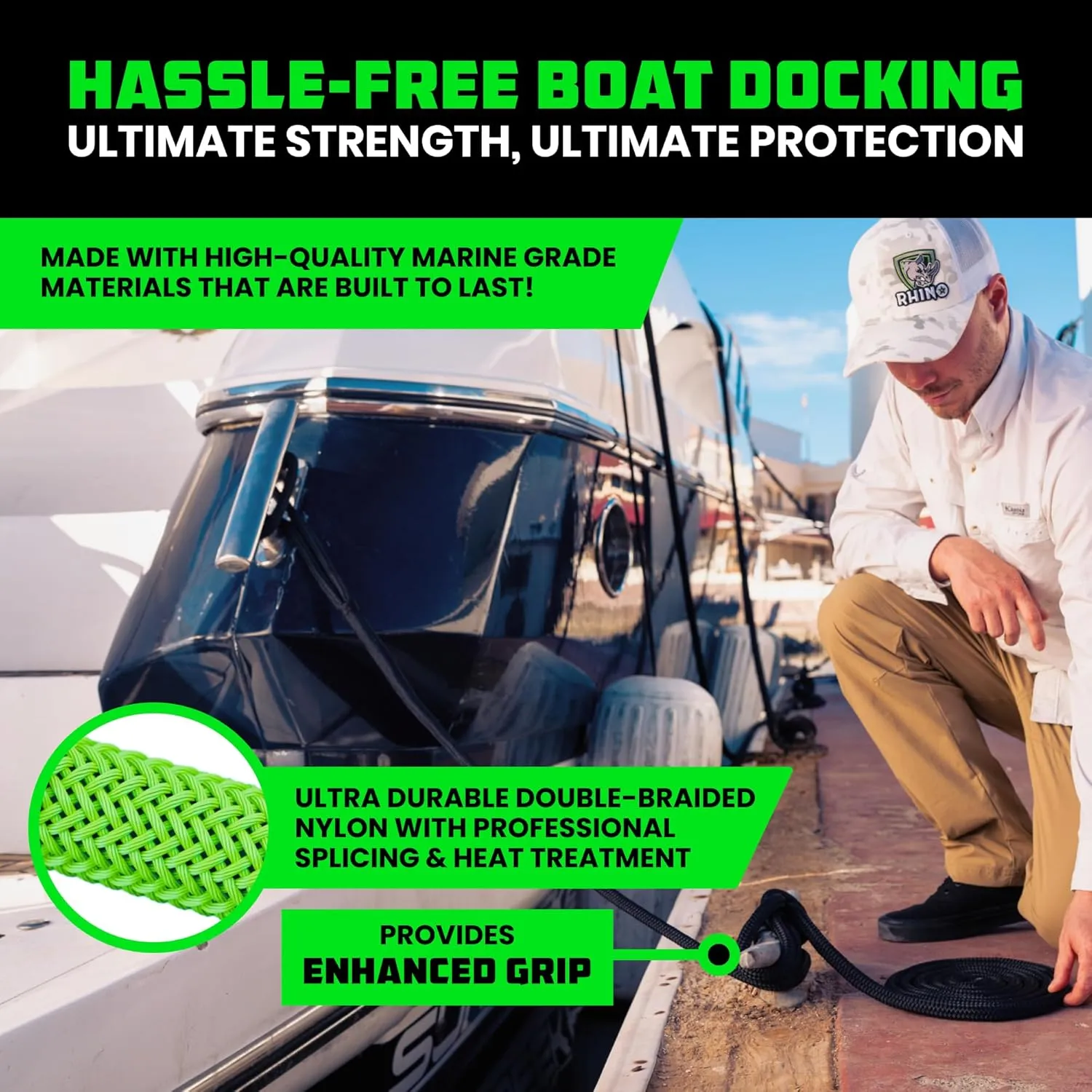 Rhino USA 5/8" x 16' Dock Lines - Heavy Duty Marine Grade Rope for Boats, Kayaks, Pontoons, Fishing and More! Ultimate Boating Accessory - Black