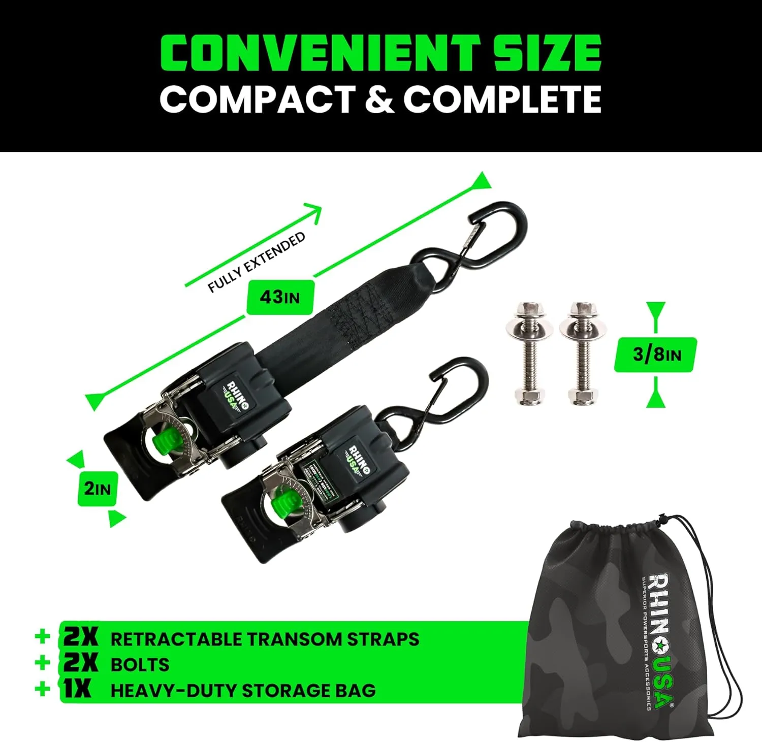 Rhino USA Retractable Boat Trailer Tie Down Straps 2PK – Durable (2in x 43in) Trailer Mount Transom Straps for Boat, Jet Ski – Stainless Steel – Salt Water Compatible