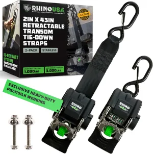 Rhino USA Retractable Boat Trailer Tie Down Straps 2PK – Durable (2in x 43in) Trailer Mount Transom Straps for Boat, Jet Ski – Stainless Steel – Salt Water Compatible