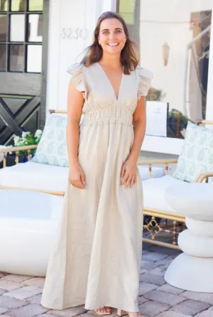 Sail to Sable Gold V-Neck Flutter Sleeve Maxi Dress
