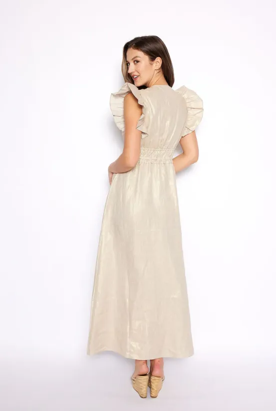 Sail to Sable Gold V-Neck Flutter Sleeve Maxi Dress