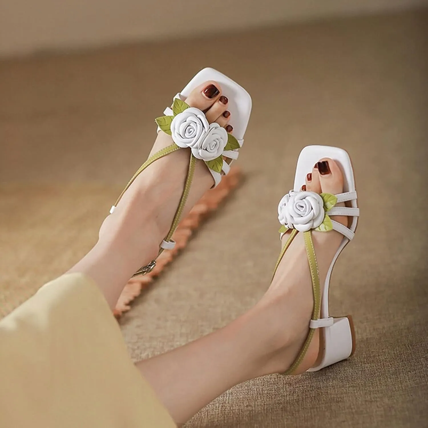 Sandals For Women Women Sandals Split Leather Chunky Heel Shoes Heel Shoes for Women Concise Sandals Flowers Women Shoes