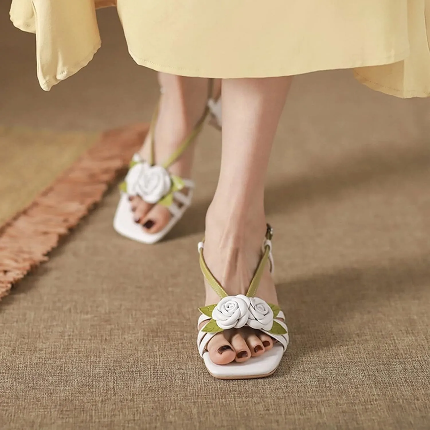 Sandals For Women Women Sandals Split Leather Chunky Heel Shoes Heel Shoes for Women Concise Sandals Flowers Women Shoes