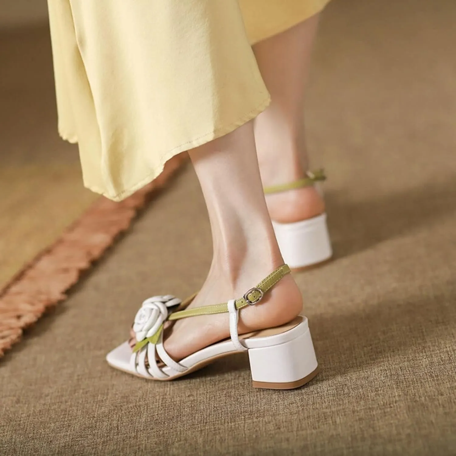 Sandals For Women Women Sandals Split Leather Chunky Heel Shoes Heel Shoes for Women Concise Sandals Flowers Women Shoes