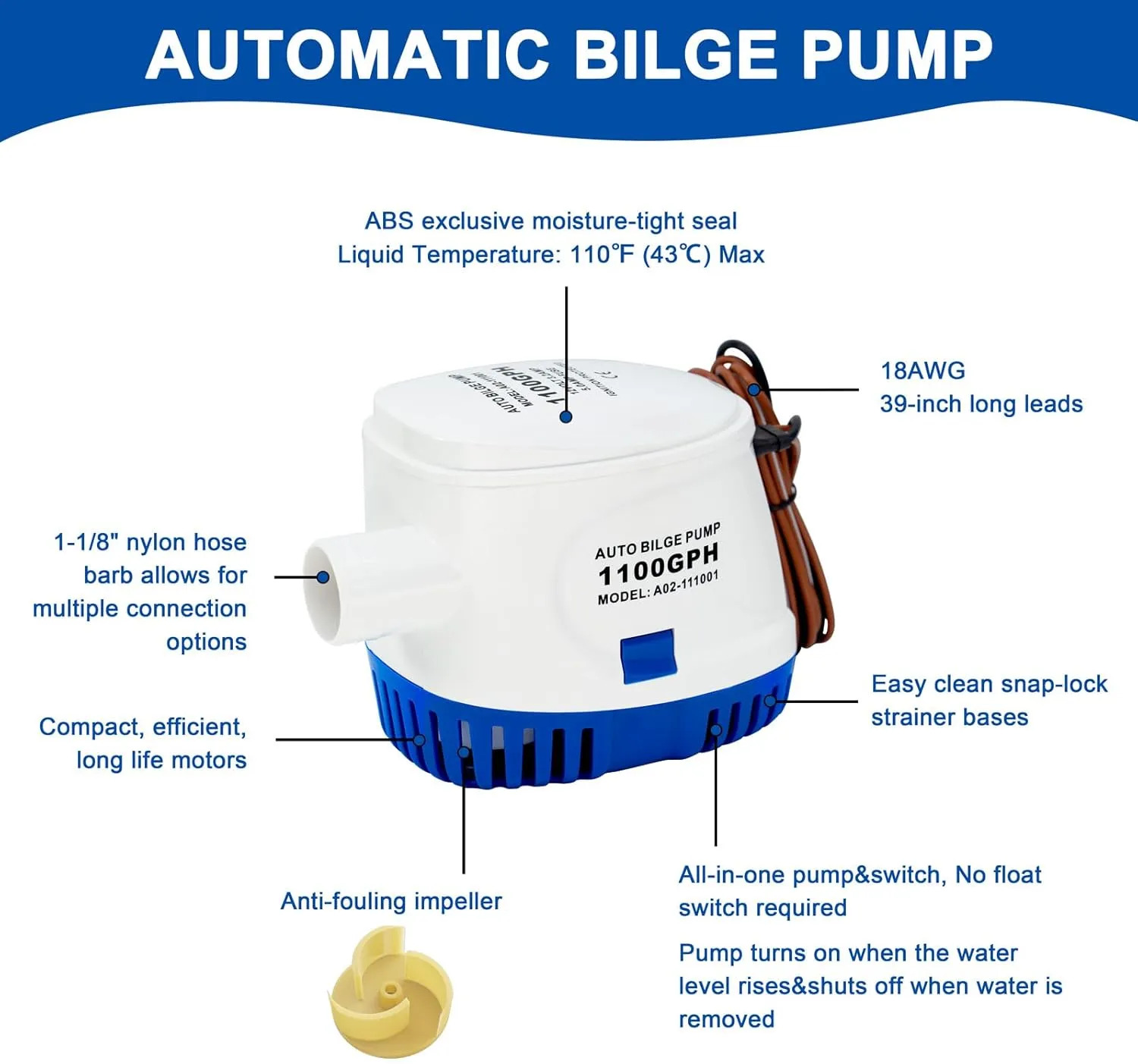Sanuke 1100GPH Bilge Pump 12V Submersible Marine Bilge Water Pump with Float Switch Electric Motor Boat Accessories for Ponds, Pools, Boat, Caravan RV
