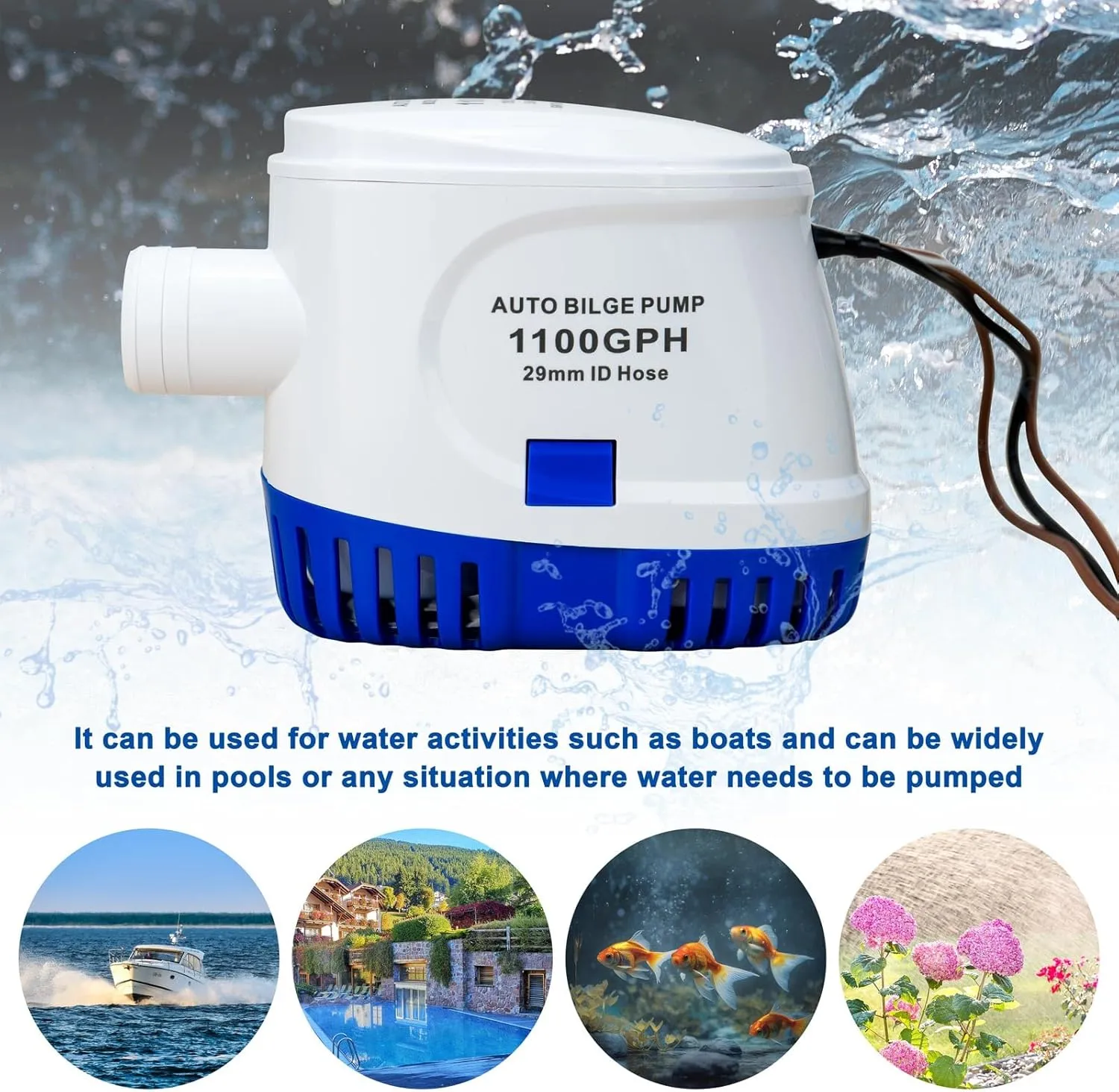 Sanuke 1100GPH Bilge Pump 12V Submersible Marine Bilge Water Pump with Float Switch Electric Motor Boat Accessories for Ponds, Pools, Boat, Caravan RV