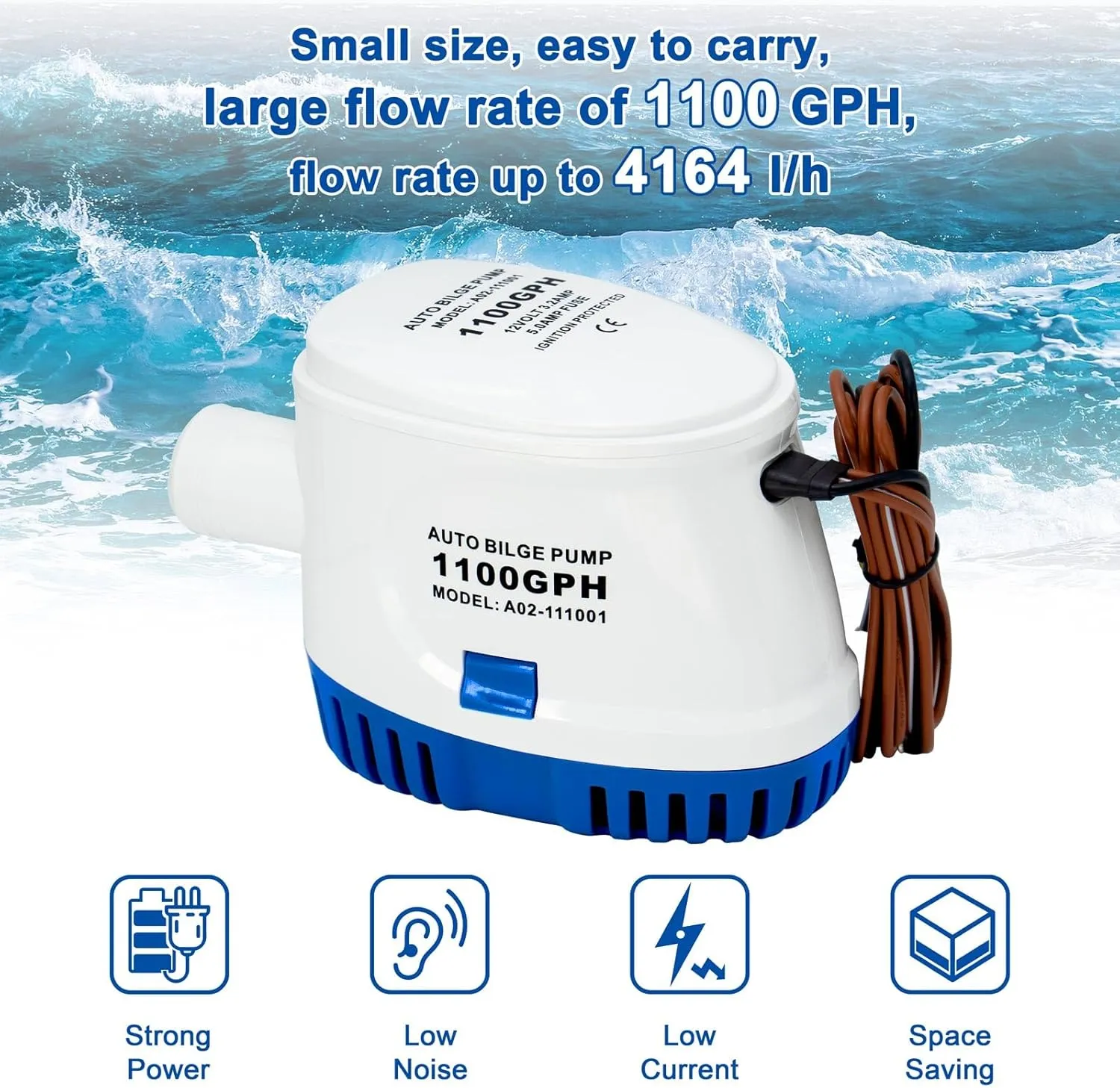 Sanuke 1100GPH Bilge Pump 12V Submersible Marine Bilge Water Pump with Float Switch Electric Motor Boat Accessories for Ponds, Pools, Boat, Caravan RV