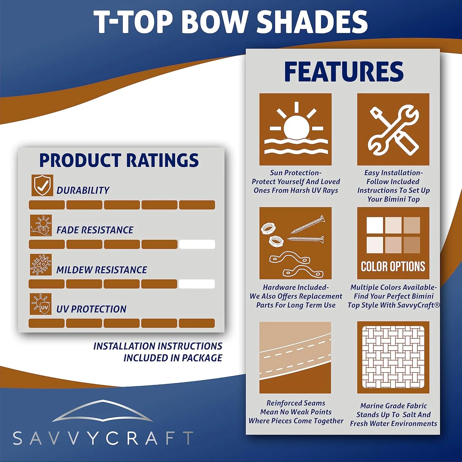 SavvyCraft T-Top Bow Shade, UV Protection Extension 600D Marine Grade Polyester T-Top Boat Bow Area Sun Shade