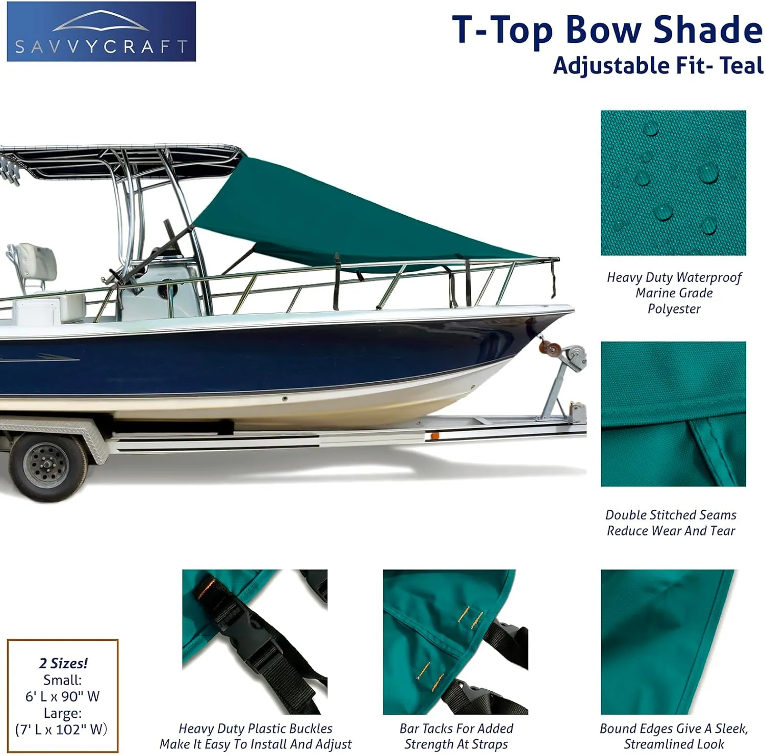 SavvyCraft T-Top Bow Shade, UV Protection Extension 600D Marine Grade Polyester T-Top Boat Bow Area Sun Shade